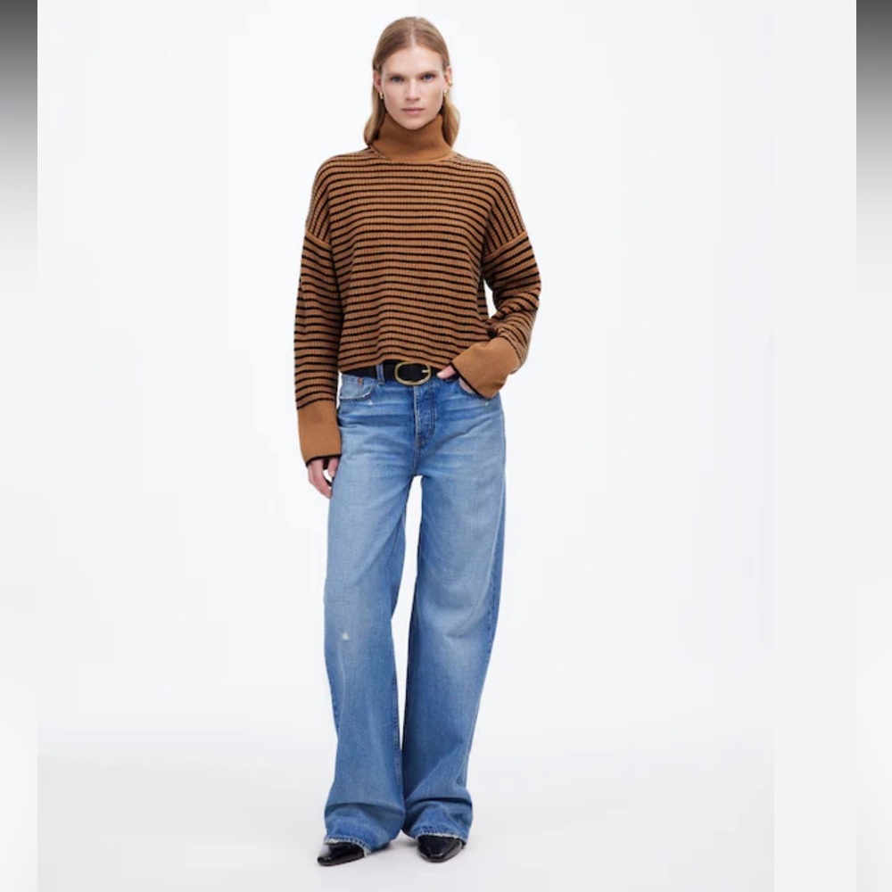 Madewell Waffle Wool Heathered Caramel and black Striped Sweater